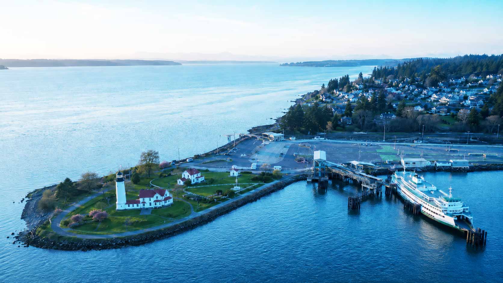 Aerial view of the Mukilteo Lighthouse and ferry terminal, Washington